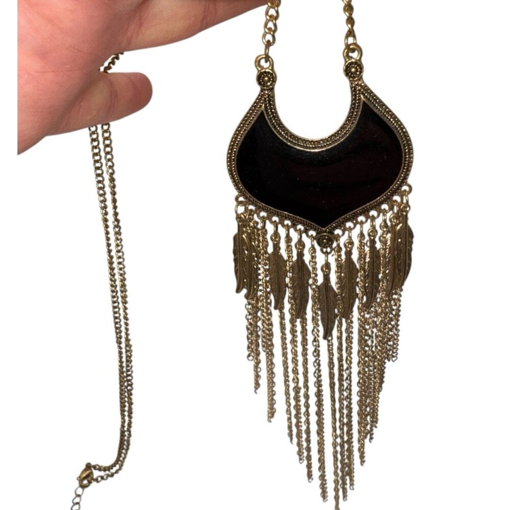 Black Enamel Amulet Goldtone Feather Very Long Necklace Tassels BOHO Ethnic Goth